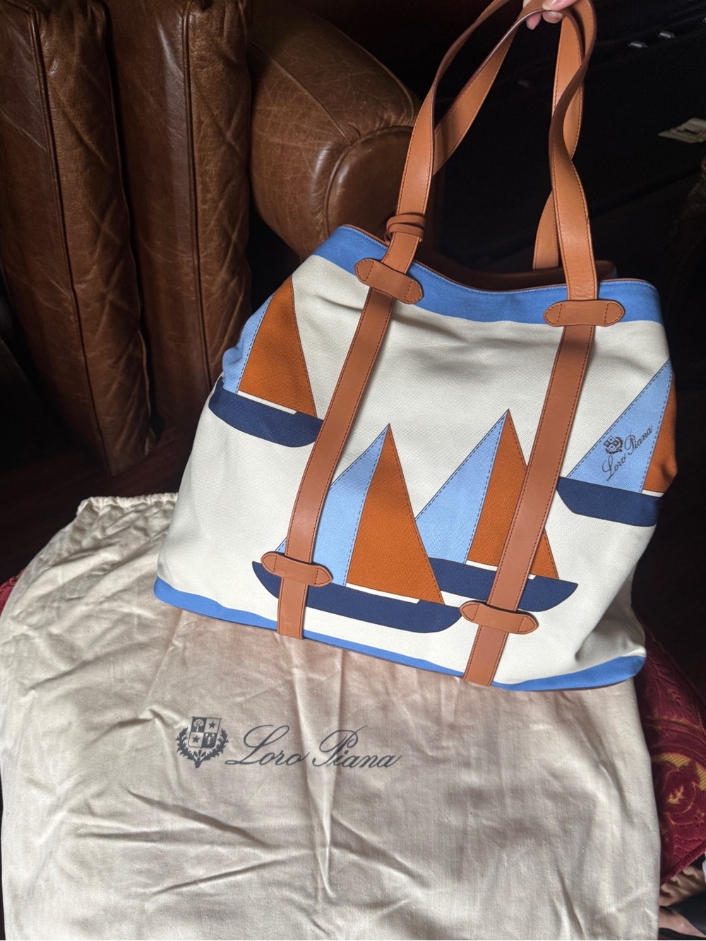 Loro Piana Yacht print brown leather strap canvas tote bag